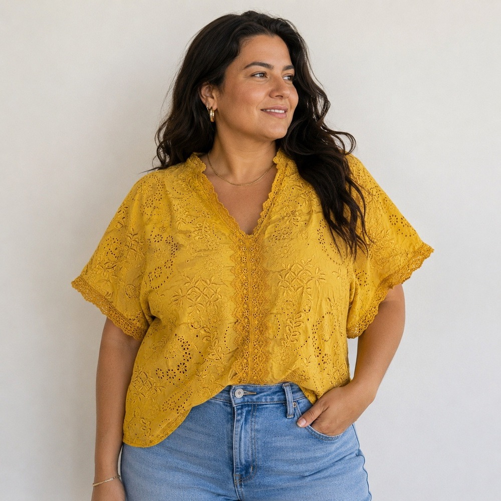 Sundance Mustard Yellow Embroidered‎ Eyelet Crochet Lace V-Neck Blouse Large